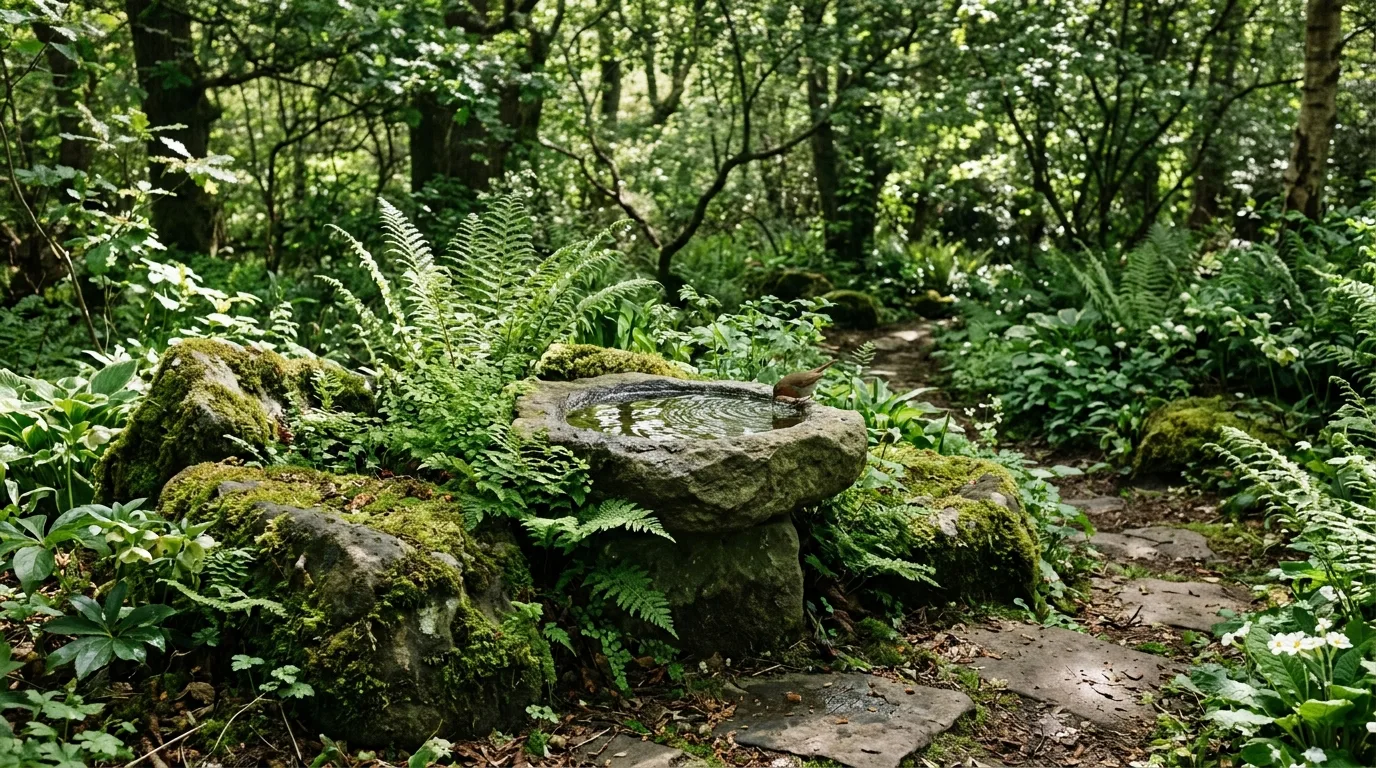Natural Stone Bird Bath in a Woodland Garden